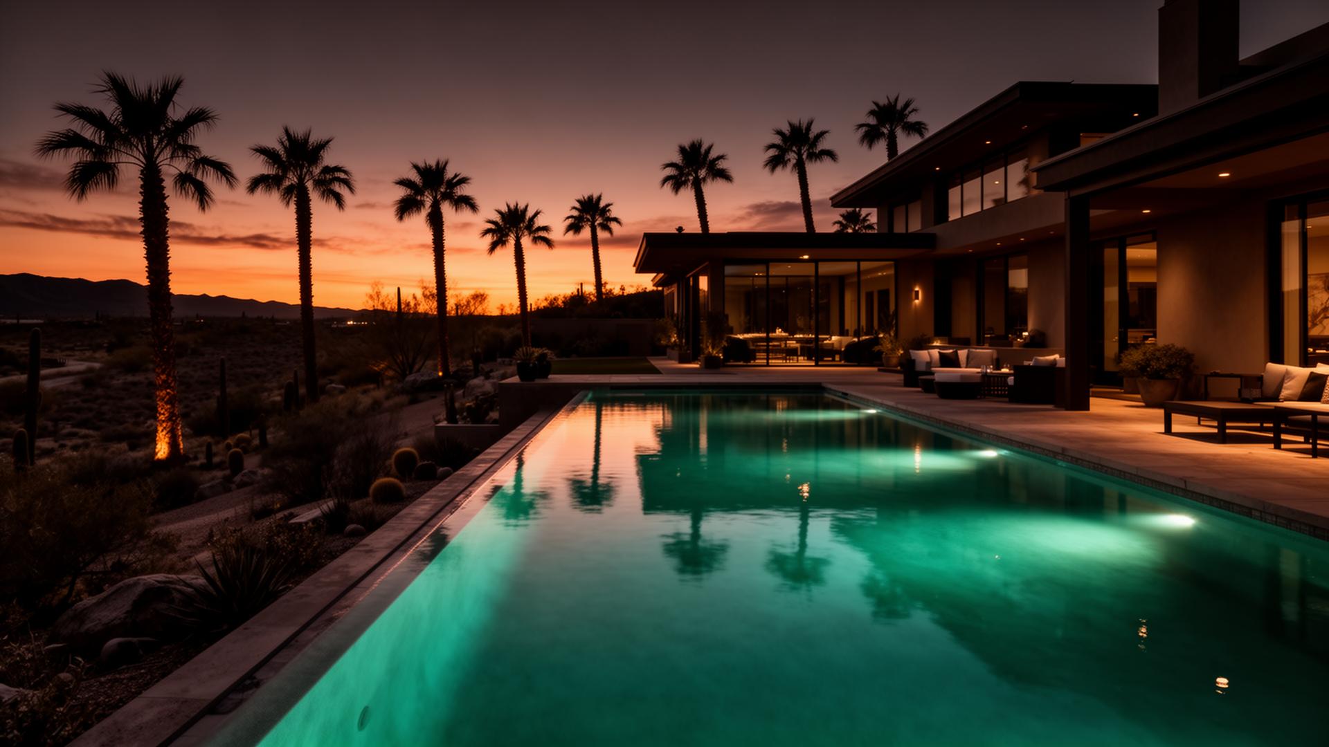 Luxury Arizona backyard with infinity pool at dusk